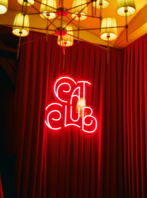 Enseigne n&eacute;on rouge Cat Club sur rideau velours rouge, lustres au plafond &ndash; Cat Club Courchevel