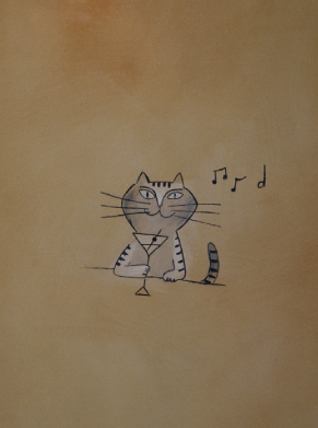 Illustration d'un chat tenant un verre de martini avec notes de musique &ndash; Cat Club Courchevel