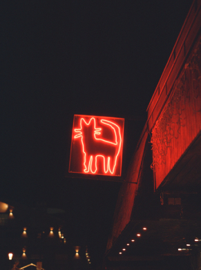 Enseigne n&eacute;on rouge en forme de chat suspendue sur la fa&ccedil;ade ext&eacute;rieure du Cat Club Courchevel de nuit &ndash; entr&eacute;e club courchevel