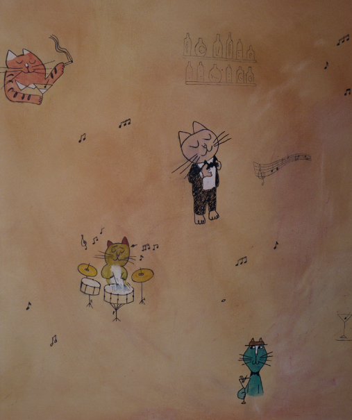 Illustration murale de chats musiciens jouant de la batterie et du jazz sur fond beige – décoration Cat Club Courchevel