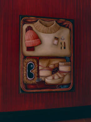 Tableau trompe-l'&oelig;il repr&eacute;sentant une valise ouverte avec pull col roul&eacute;, moon boots, masque de ski et gants &ndash; Cat Club Courchevel